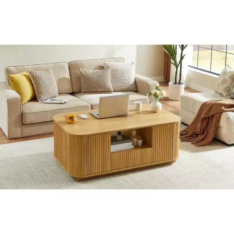 Oval Coffee Table with Drawers and Storage, 46.5 Inch, Curved Design