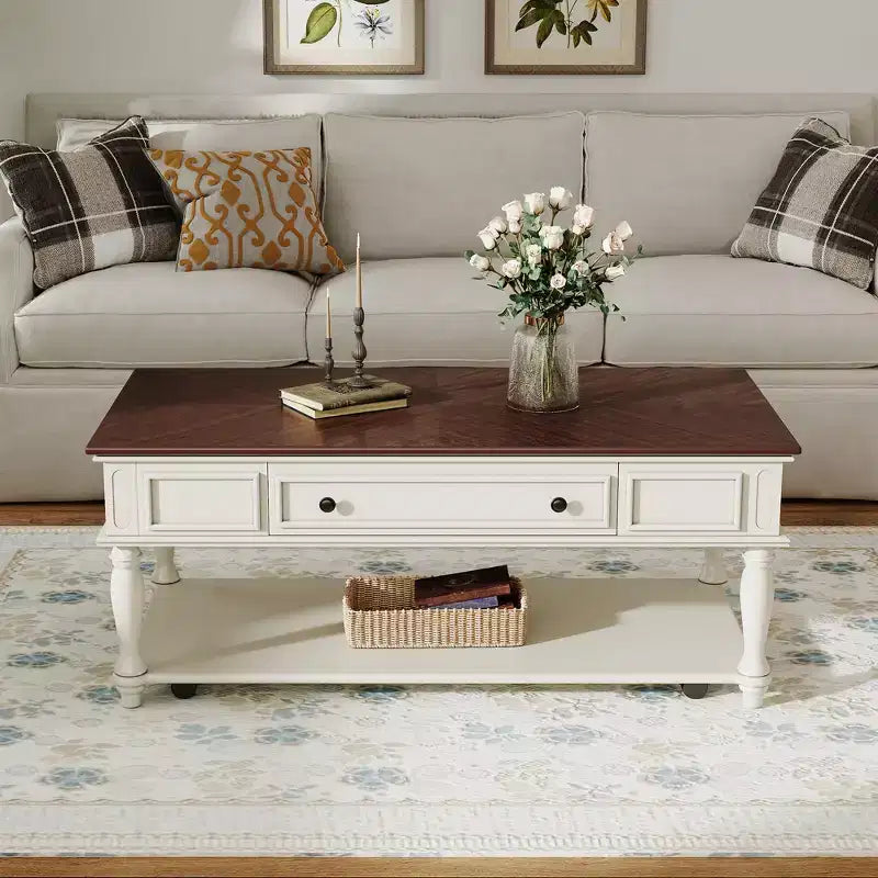 Coffee Table with Drawer and Lower Shelf, MDF Top, 4-Leg Base, 47.2 x 23.6 x 19.6 Inches