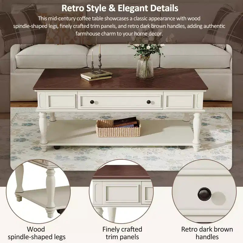 Coffee Table with Drawer and Lower Shelf, MDF Top, 4-Leg Base, 47.2 x 23.6 x 19.6 Inches
