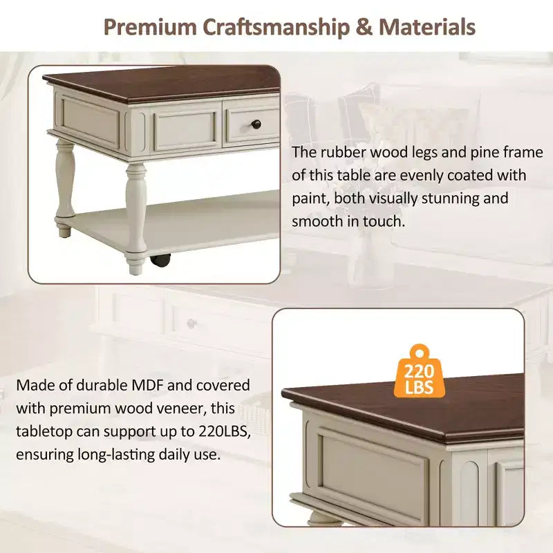 Coffee Table with Drawer and Lower Shelf, MDF Top, 4-Leg Base, 47.2 x 23.6 x 19.6 Inches