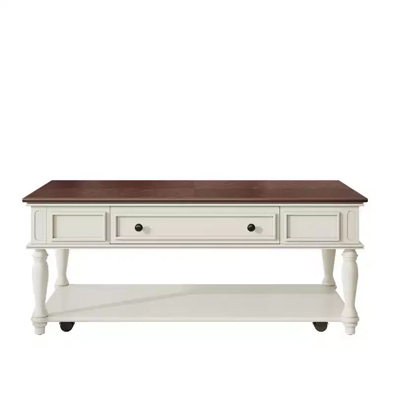 Coffee Table with Drawer and Lower Shelf, MDF Top, 4-Leg Base, 47.2 x 23.6 x 19.6 Inches