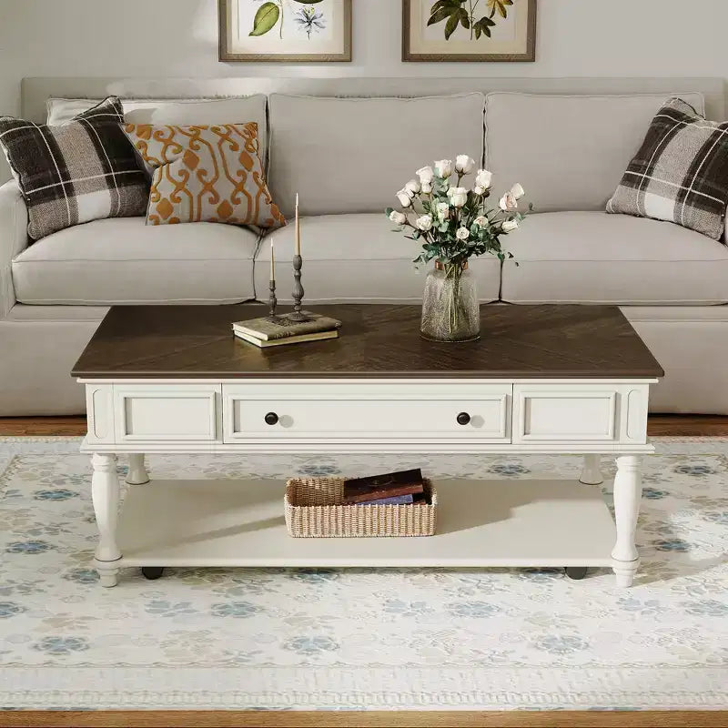 Coffee Table with Drawer and Lower Shelf, MDF Top, 4-Leg Base, 47.2 x 23.6 x 19.6 Inches