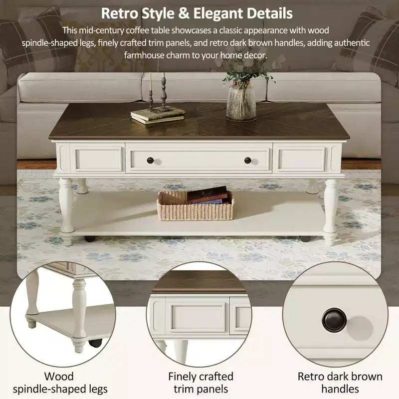 Coffee Table with Drawer and Lower Shelf, MDF Top, 4-Leg Base, 47.2 x 23.6 x 19.6 Inches