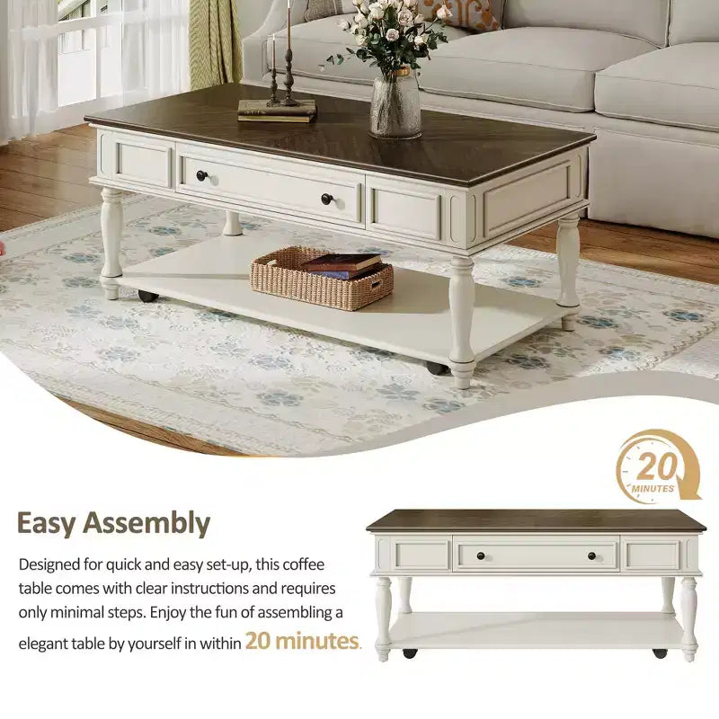 Coffee Table with Drawer and Lower Shelf, MDF Top, 4-Leg Base, 47.2 x 23.6 x 19.6 Inches