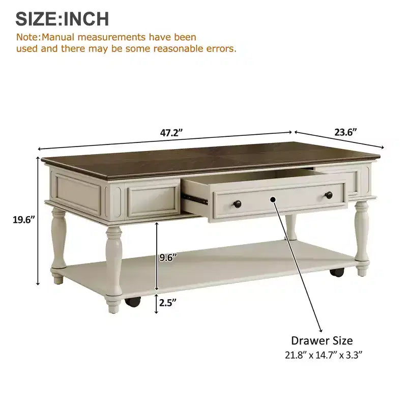 Coffee Table with Drawer and Lower Shelf, MDF Top, 4-Leg Base, 47.2 x 23.6 x 19.6 Inches