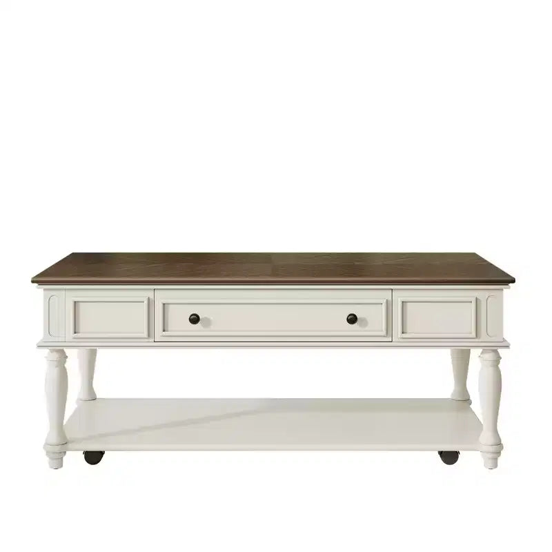 Coffee Table with Drawer and Lower Shelf, MDF Top, 4-Leg Base, 47.2 x 23.6 x 19.6 Inches