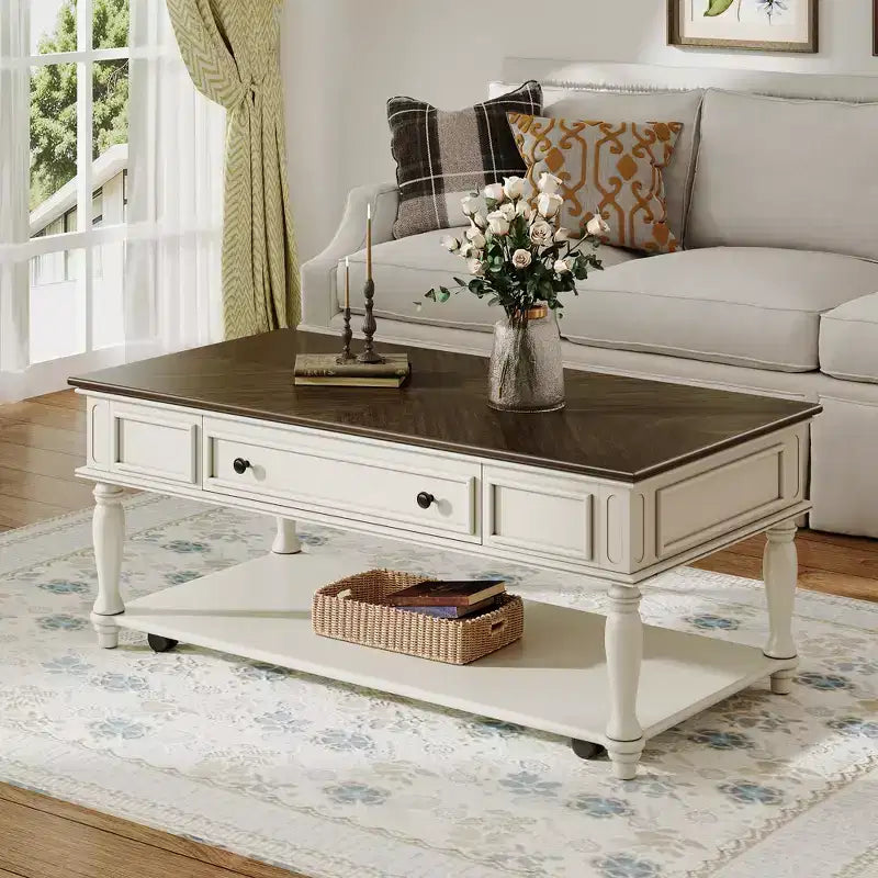 Vintage Coffee Table, 1 Drawer, Easy Assembly, Movable Rectangular Center Table with Locking Wheels, Country-Style Wooden for Living Room