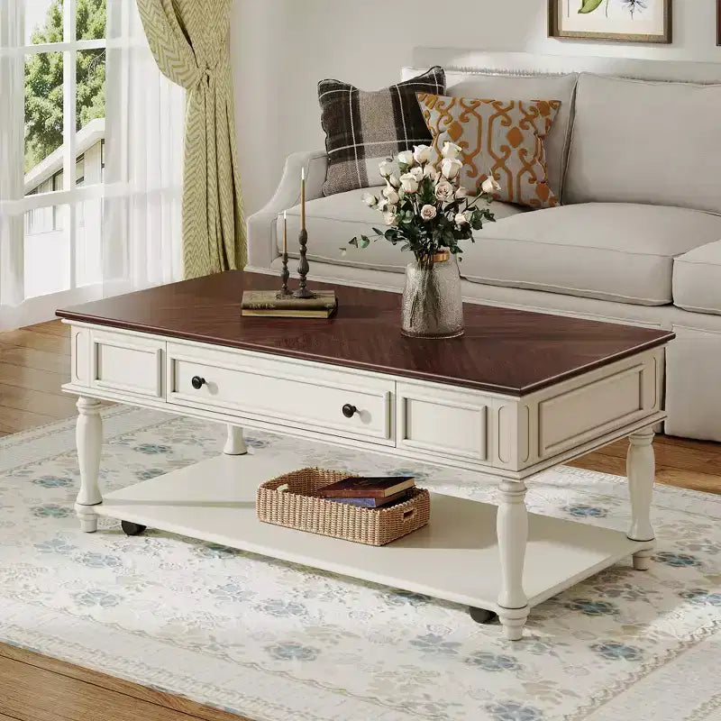 Coffee Table with Drawer and Lower Shelf, MDF Top, 4-Leg Base, 47.2 x 23.6 x 19.6 Inches