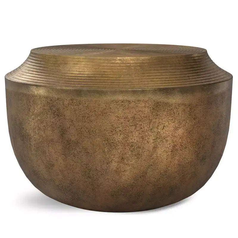 Bacall 21 inch Wide Round Contemporary Cast Aluminum Coffee Table in Antique Brass, Fully Assembled