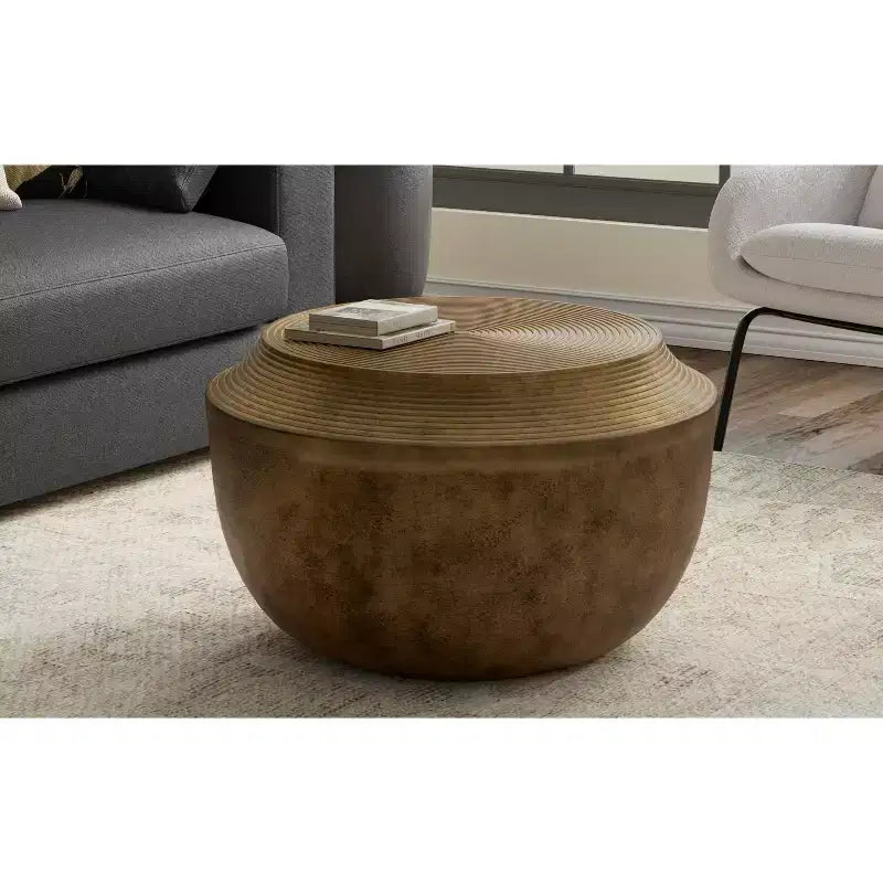 Round Cast Aluminum Coffee Table in Antique Brass, 21 inch, No Assembly Required