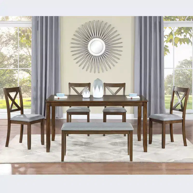 sumyeg 6 Piece Wooden Dining Table Set with Table, 4 Upholstered Chairs and Bench