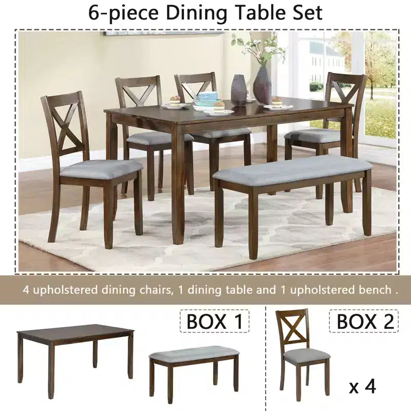 sumyeg 6 Piece Wooden Dining Table Set with Table, 4 Upholstered Chairs and Bench