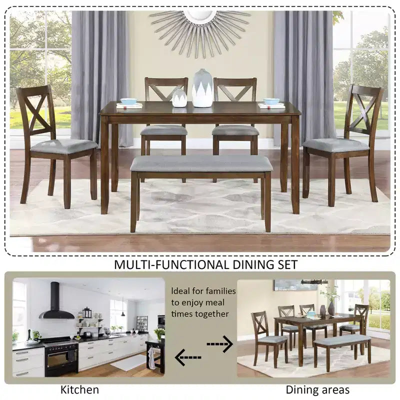 sumyeg 6 Piece Wooden Dining Table Set with Table, 4 Upholstered Chairs and Bench