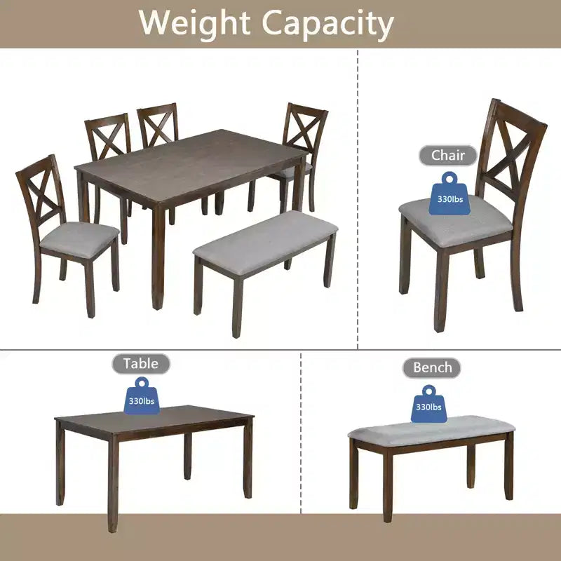 sumyeg 6 Piece Wooden Dining Table Set with Table, 4 Upholstered Chairs and Bench