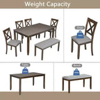 sumyeg 6 Piece Wooden Dining Table Set with Table, 4 Upholstered Chairs and Bench