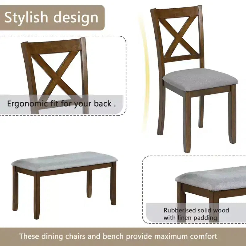 sumyeg 6 Piece Wooden Dining Table Set with Table, 4 Upholstered Chairs and Bench