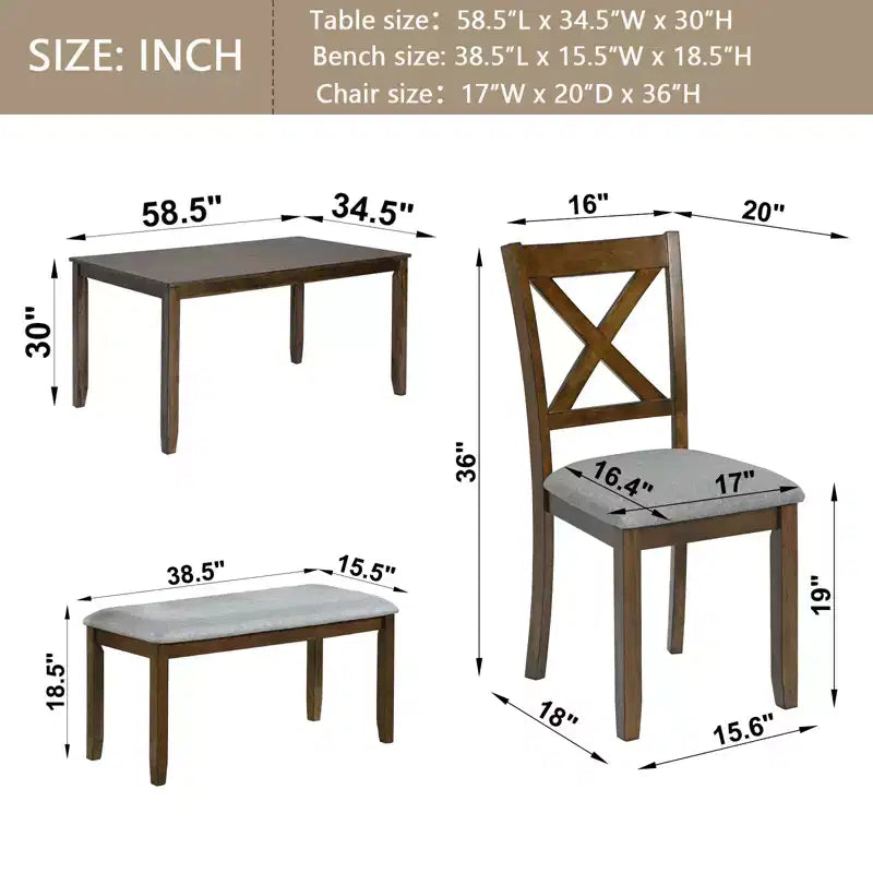sumyeg 6 Piece Wooden Dining Table Set with Table, 4 Upholstered Chairs and Bench