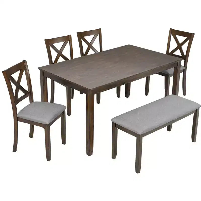 sumyeg 6 Piece Wooden Dining Table Set with Table, 4 Upholstered Chairs and Bench