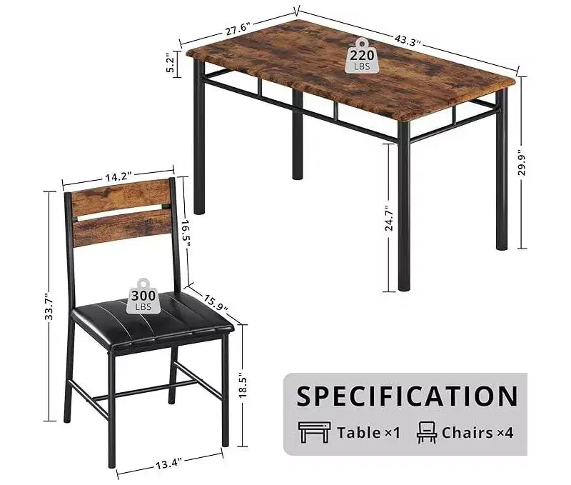 5-delige eettafelset, rechthoekige industriële houten keukeneettafel met 4 gestoffeerde stoelen met hoge rugleuning, set voor keuken of appartement