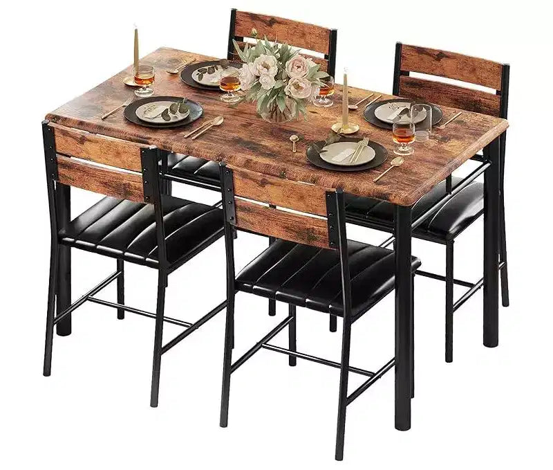 5-delige eettafelset, rechthoekige industriële houten keukeneettafel met 4 gestoffeerde stoelen met hoge rugleuning, set voor keuken of appartement