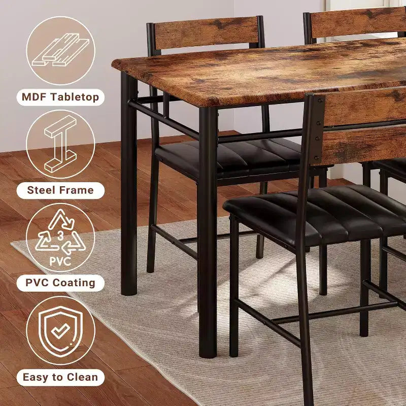5-delige eettafelset, rechthoekige industriële houten keukeneettafel met 4 gestoffeerde stoelen met hoge rugleuning, set voor keuken of appartement