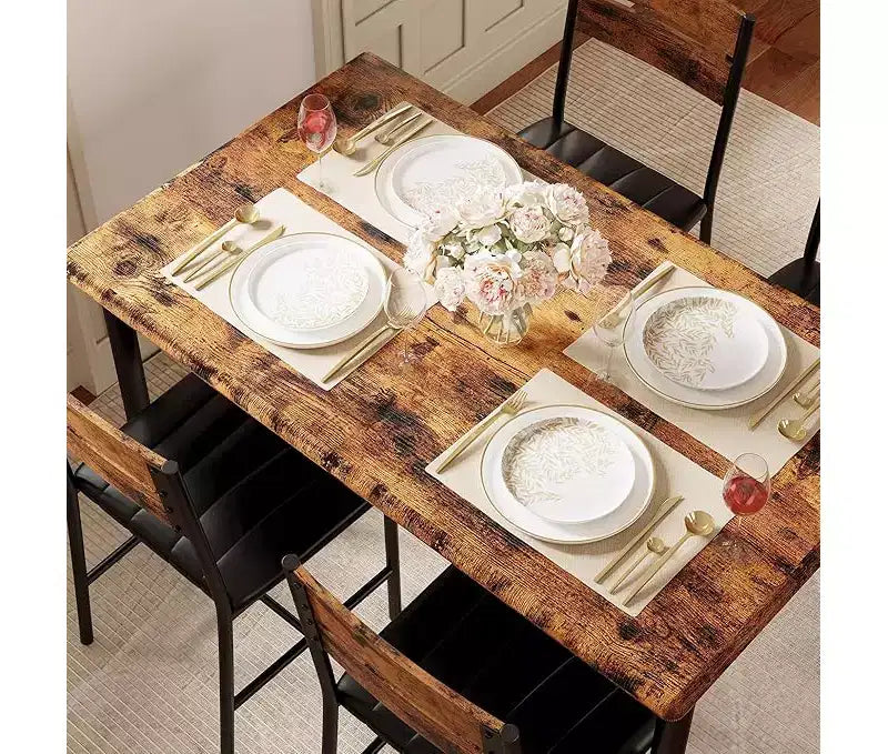 5-delige eettafelset, rechthoekige industriële houten keukeneettafel met 4 gestoffeerde stoelen met hoge rugleuning, set voor keuken of appartement
