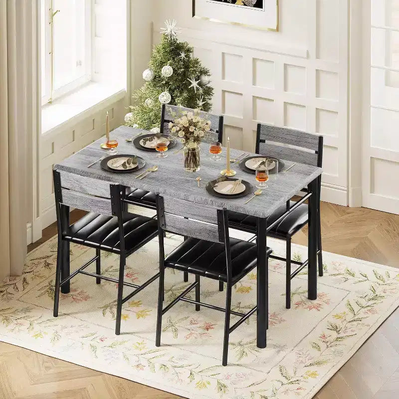 5-delige eettafelset, rechthoekige industriële houten keukeneettafel met 4 gestoffeerde stoelen met hoge rugleuning, set voor keuken of appartement