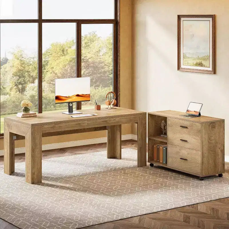 Lantine 63 L Shaped Executive Desk with Mobile Lateral File Cabinet Combo, Large Computer Table with Drawers for Home Office