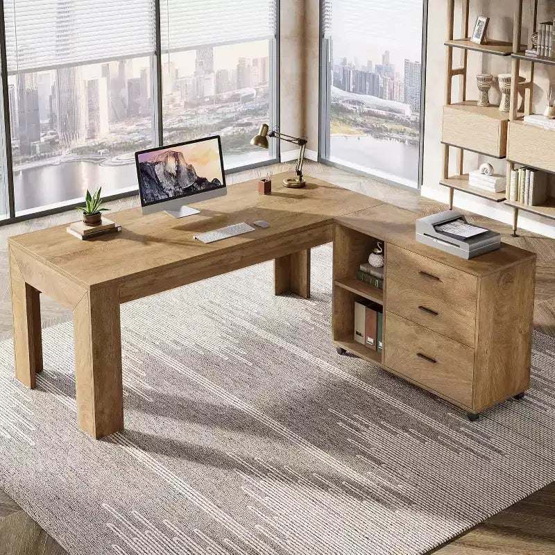 Lantine 63 L-vormig directiebureau met mobiele laterale archiefkast, grote computertafel met laden voor thuiskantoor