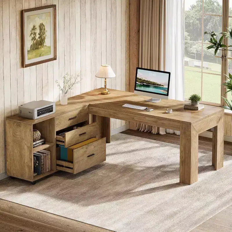 Lantine 63 L-vormig directiebureau met mobiele laterale archiefkast, grote computertafel met laden voor thuiskantoor