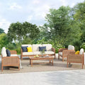 Christopher Knight Home Winona Patio 5 Piece Farmhouse Acacia Wood Wicker Seating Set with Slatted Coffee Table