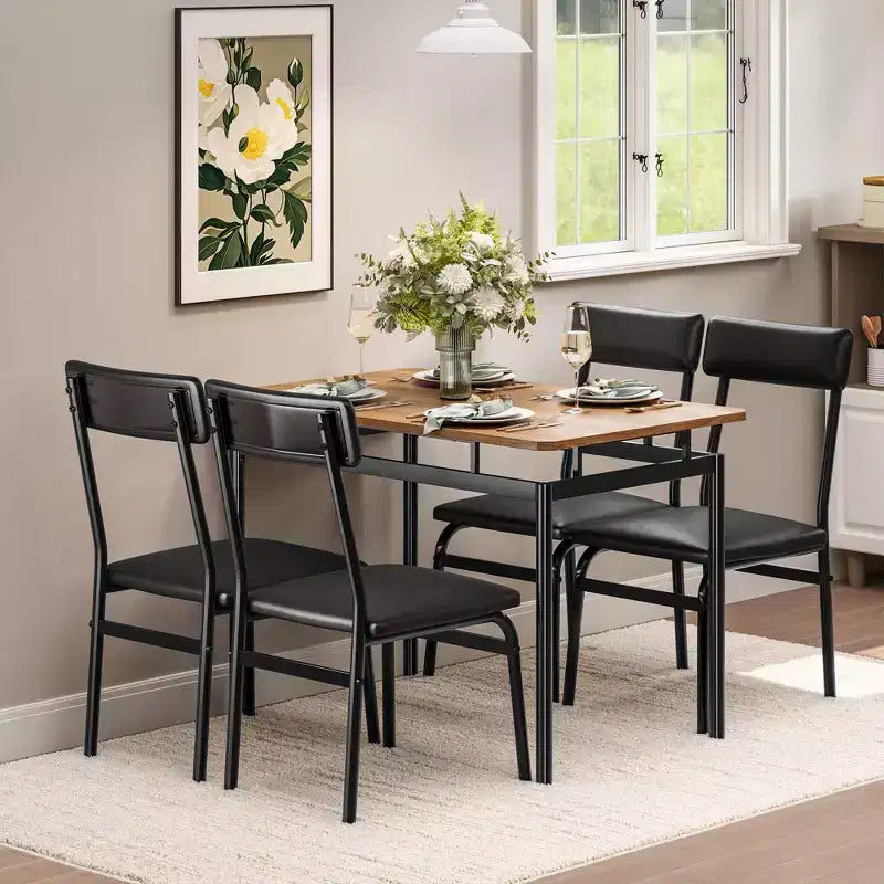 5-delige industriële eetset, kleine tafel met met PU gevoerde stoelen voor ruimtebesparende keuken, zwart en bruin