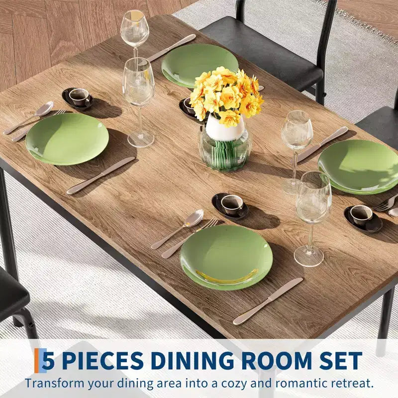 5-delige industriële eetset, kleine tafel met met PU gevoerde stoelen voor ruimtebesparende keuken, zwart en bruin
