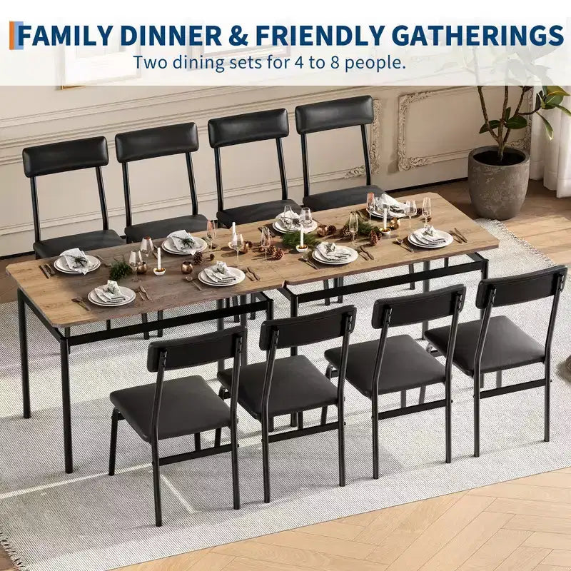 5-delige industriële eetset, kleine tafel met met PU gevoerde stoelen voor ruimtebesparende keuken, zwart en bruin