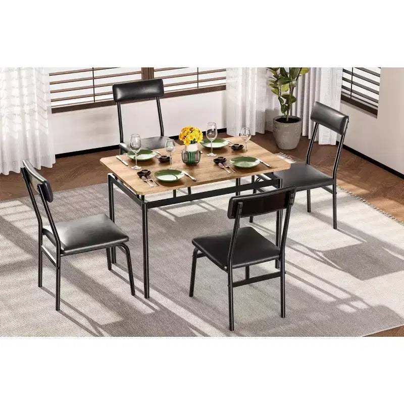 5-delige industriële eetset, kleine tafel met met PU gevoerde stoelen voor ruimtebesparende keuken, zwart en bruin
