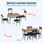 5-Piece Industrial Dining Set, Small Table with PU Padded Chairs for Space Saving Kitchen, Black & Brown