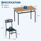 5-Piece Industrial Dining Set, Small Table with PU Padded Chairs for Space Saving Kitchen, Black & Brown