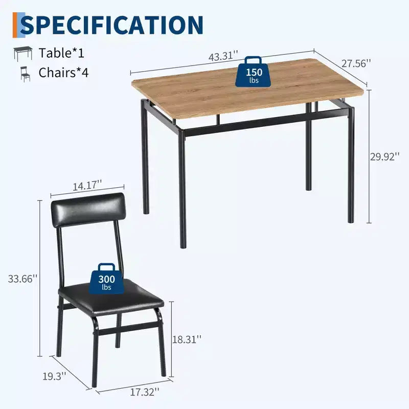 5-Piece Industrial Dining Set, Small Table with PU Padded Chairs for Space Saving Kitchen, Black & Brown