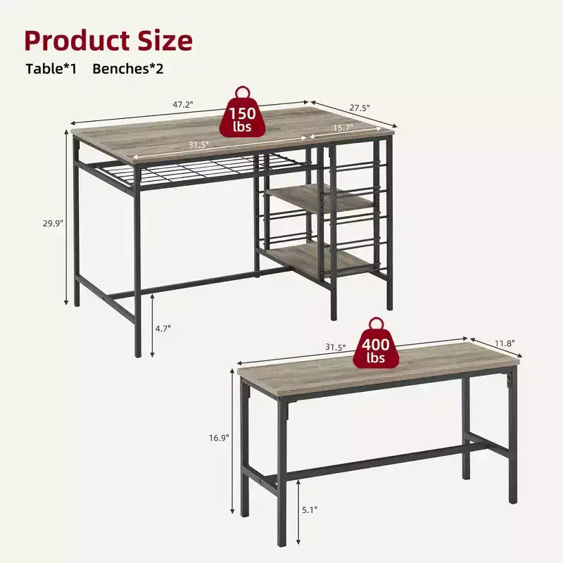 Dining Table Set for 4,Kitchen Table with 2 Benches,Wine Rack and Storage Shelf, Rectangular Dining Room Table Set,3 Piece Dining Table Set for Space