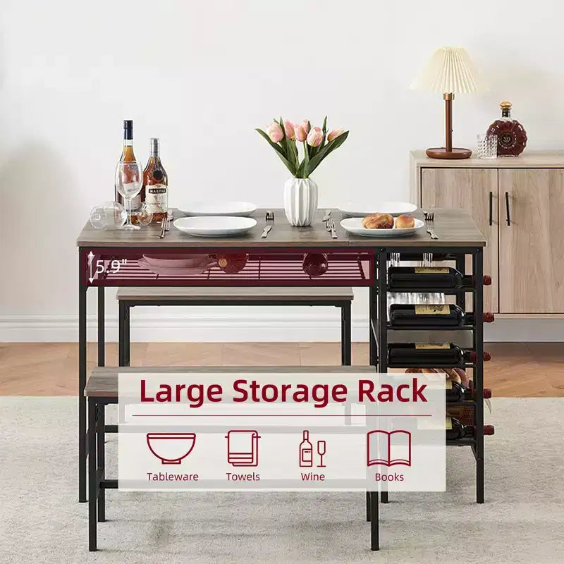 Dining Table Set for 4,Kitchen Table with 2 Benches,Wine Rack and Storage Shelf, Rectangular Dining Room Table Set,3 Piece Dining Table Set for Space