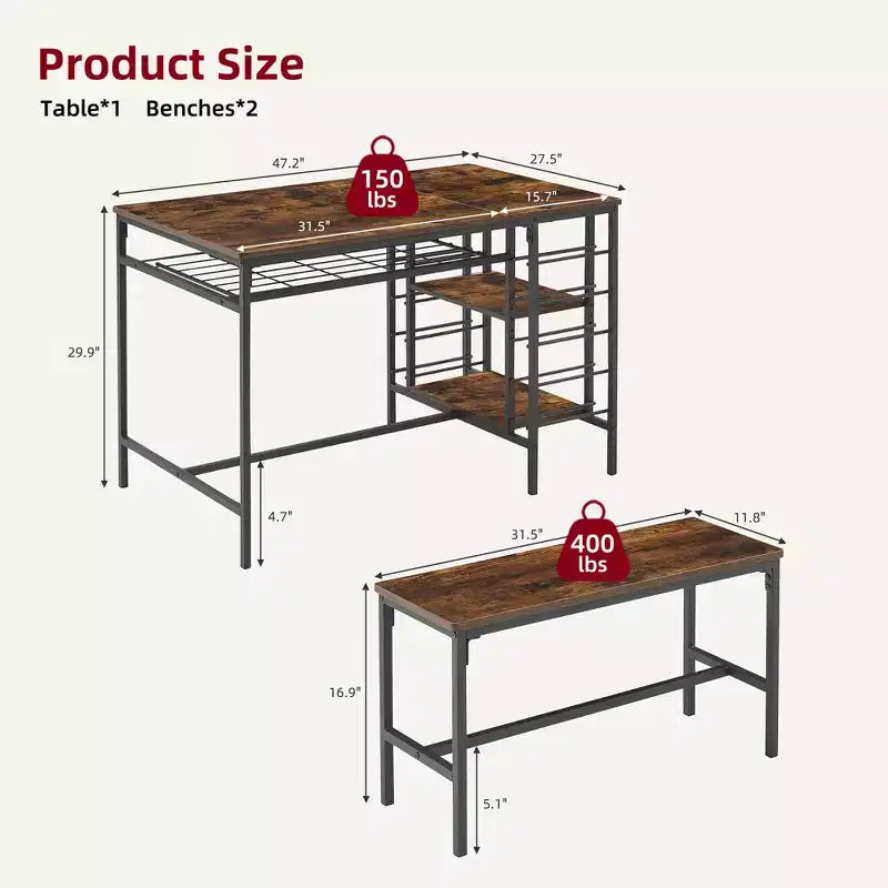 Dining Table Set for 4,Kitchen Table with 2 Benches,Wine Rack and Storage Shelf, Rectangular Dining Room Table Set,3 Piece Dining Table Set for Space