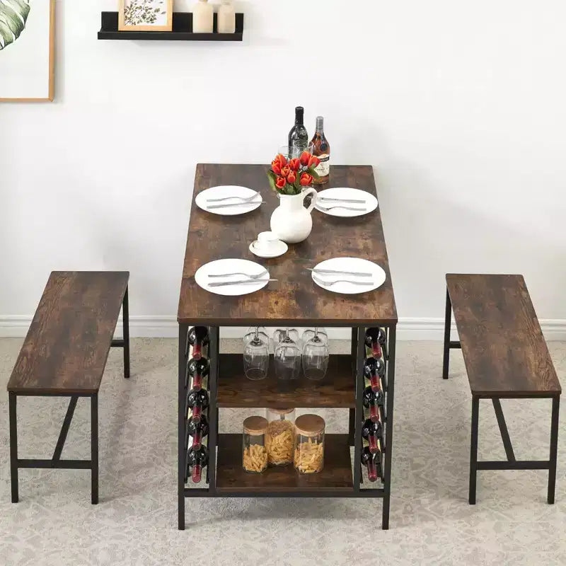 Dining Table Set for 4,Kitchen Table with 2 Benches,Wine Rack and Storage Shelf, Rectangular Dining Room Table Set,3 Piece Dining Table Set for Space
