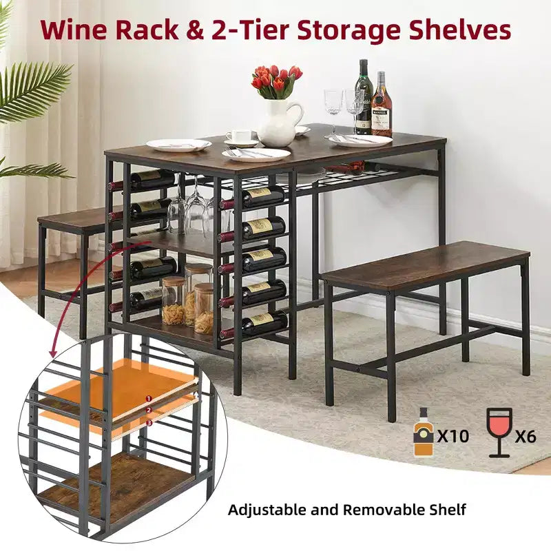 Dining Table Set for 4,Kitchen Table with 2 Benches,Wine Rack and Storage Shelf, Rectangular Dining Room Table Set,3 Piece Dining Table Set for Space