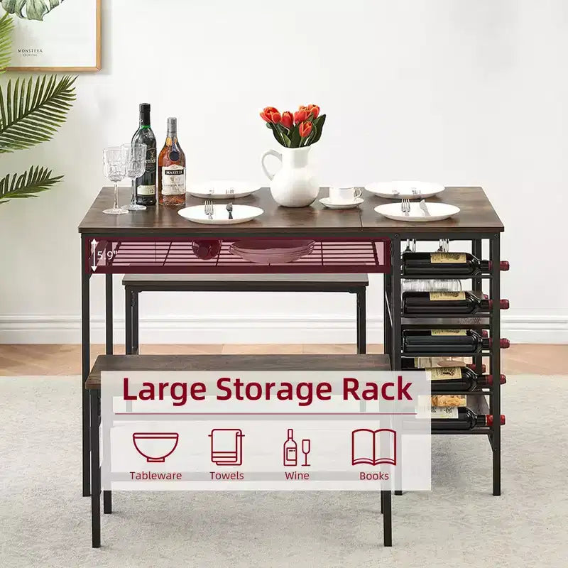 Dining Table Set for 4,Kitchen Table with 2 Benches,Wine Rack and Storage Shelf, Rectangular Dining Room Table Set,3 Piece Dining Table Set for Space