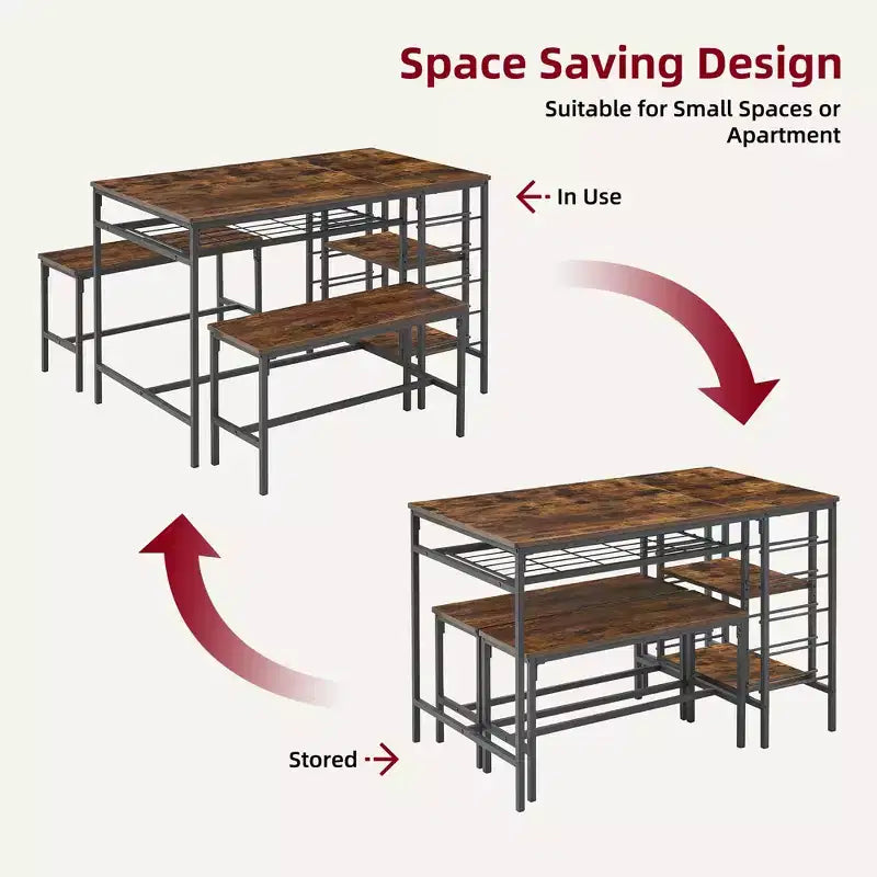 Dining Table Set for 4,Kitchen Table with 2 Benches,Wine Rack and Storage Shelf, Rectangular Dining Room Table Set,3 Piece Dining Table Set for Space