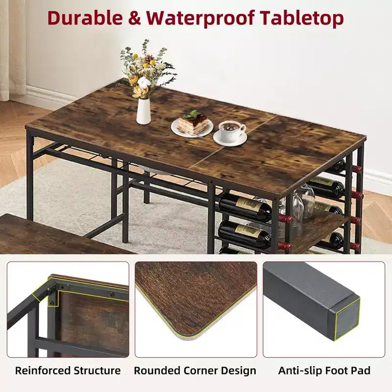 Dining Table Set for 4,Kitchen Table with 2 Benches,Wine Rack and Storage Shelf, Rectangular Dining Room Table Set,3 Piece Dining Table Set for Space
