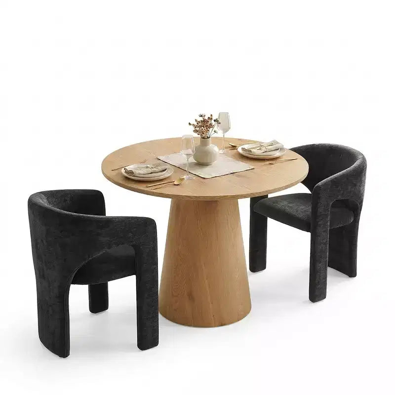 Round Dining Table Set with 2 Chenille Armchairs, Modern Pedestal Table and Upholstered Chairs with Full Back and Arms-Panipeachy