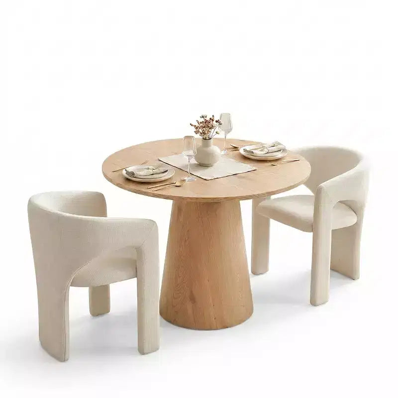 Round Dining Table Set with 2 Chenille Armchairs, Modern Pedestal Table and Upholstered Chairs with Full Back and Arms-Panipeachy