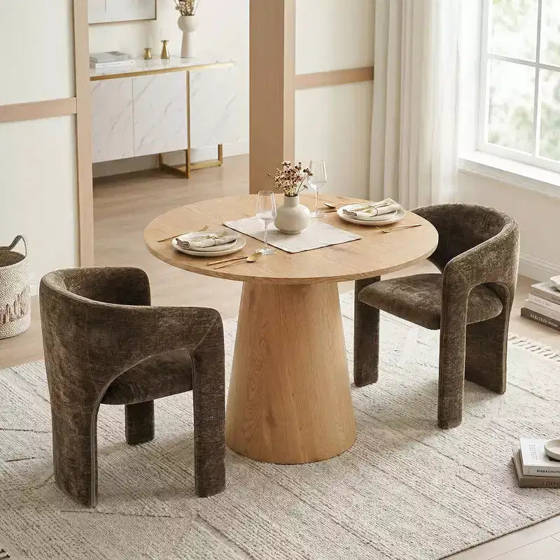 Round Dining Table Set with 2 Chenille Armchairs, Modern Pedestal Table and Upholstered Chairs with Full Back and Arms-Panipeachy