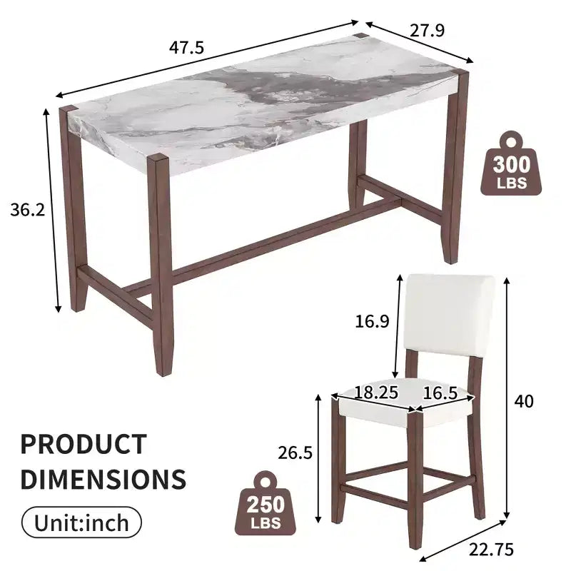 3-Piece Counter Height Dining Set with Faux Marble Table and 2 Upholstered Chairs, for Pub Kitchen or Small Space